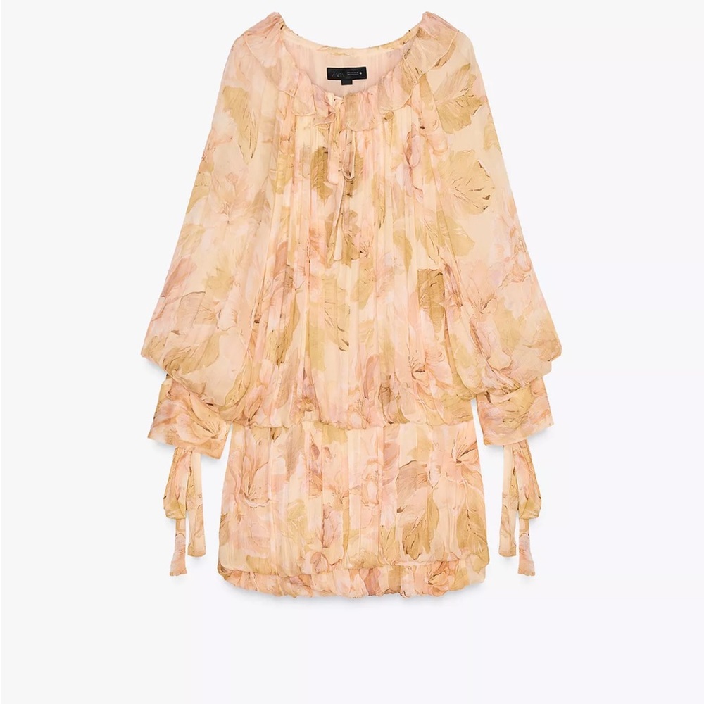 Zara Peach Floral Sheer Tie-Neck Mini Dress